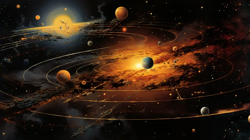 Kosmos z planetami, galaktykami i innymi ciałami niebieskimi AI