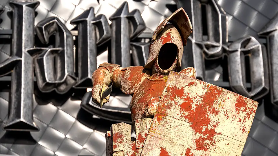 Warner Bros Studio w Londynie świat Harry Pottera i rycerz z tarczą.