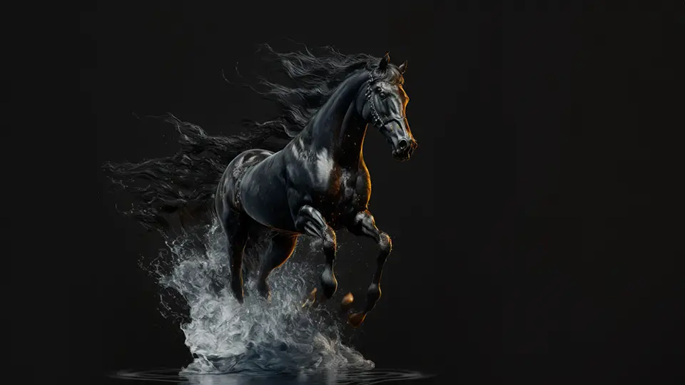 Biegnący brzegiem jeziora lub rzeki czarny koń AI