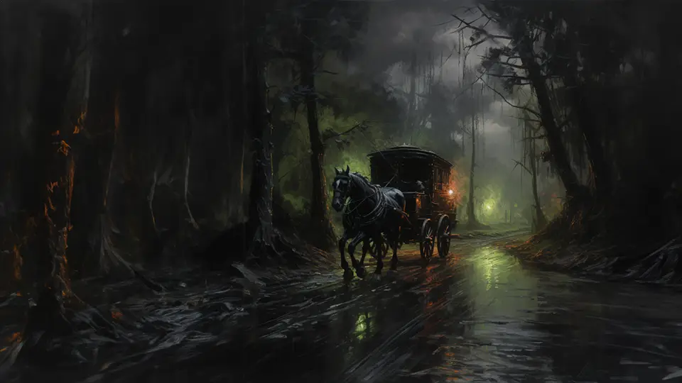 Dorożka jedzie przez ciemny las. Ciągnie ją koń a z boku zawieszona jest lampa AI