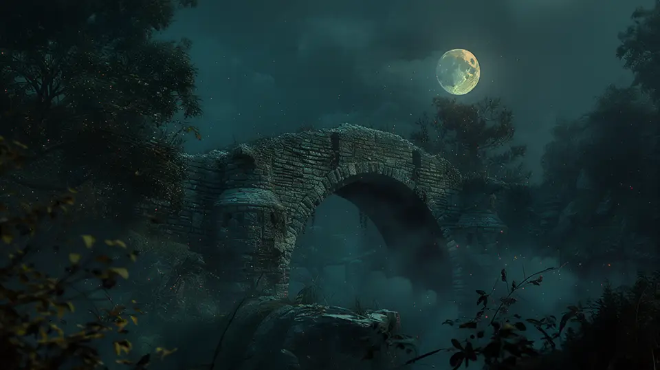 Most na rzece w księżycową noc AI