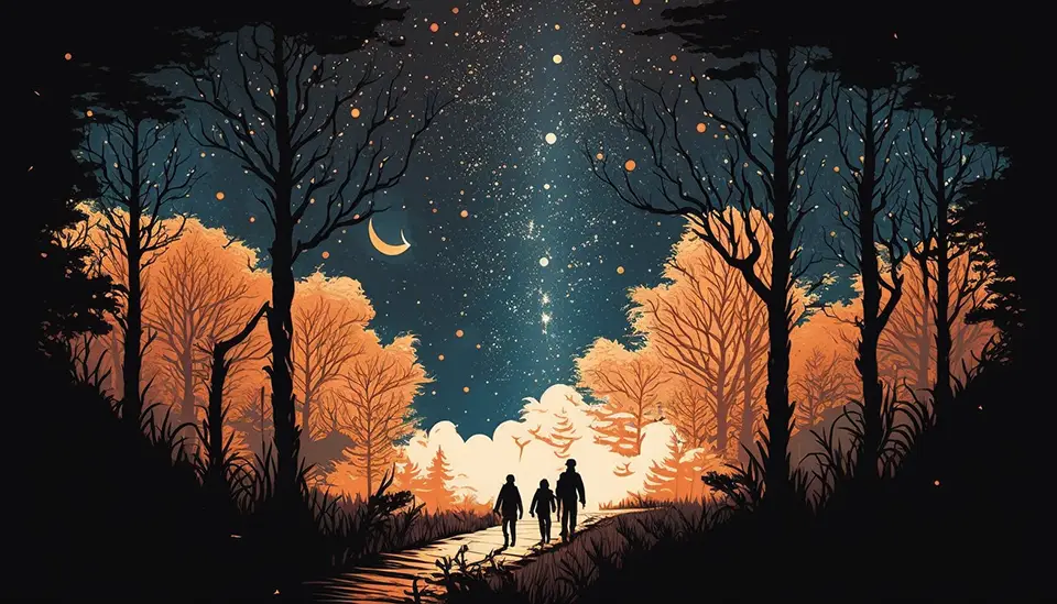 Troje ludzi wędruje przez las AI