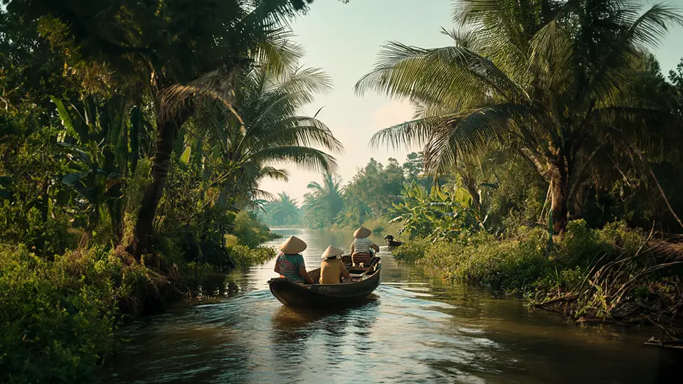 Rzeka w Wietnamie oraz ludzie płynący na łodzi przez dżunglę AI