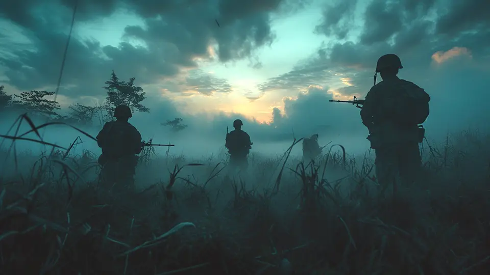 Wietnam żołnierze idący przez pola ryżu AI