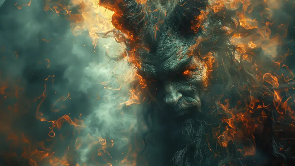 Demon diabeł ogień i zadymione pomieszczenie AI