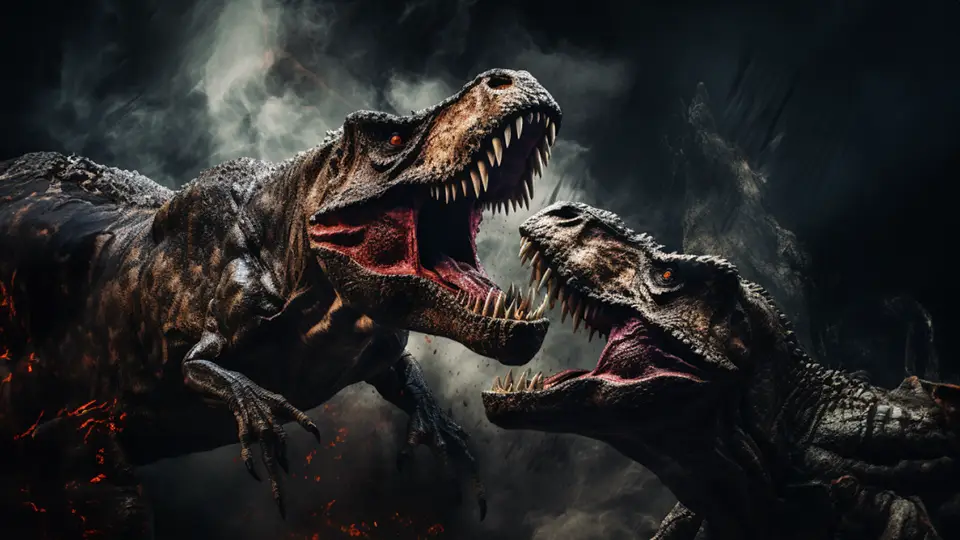 Ciekawostki o dinozaurach. Dinozaury drapieżne walczą między sobą AI
