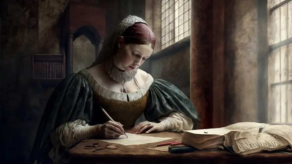 Kobieta pisze list przy stole AI