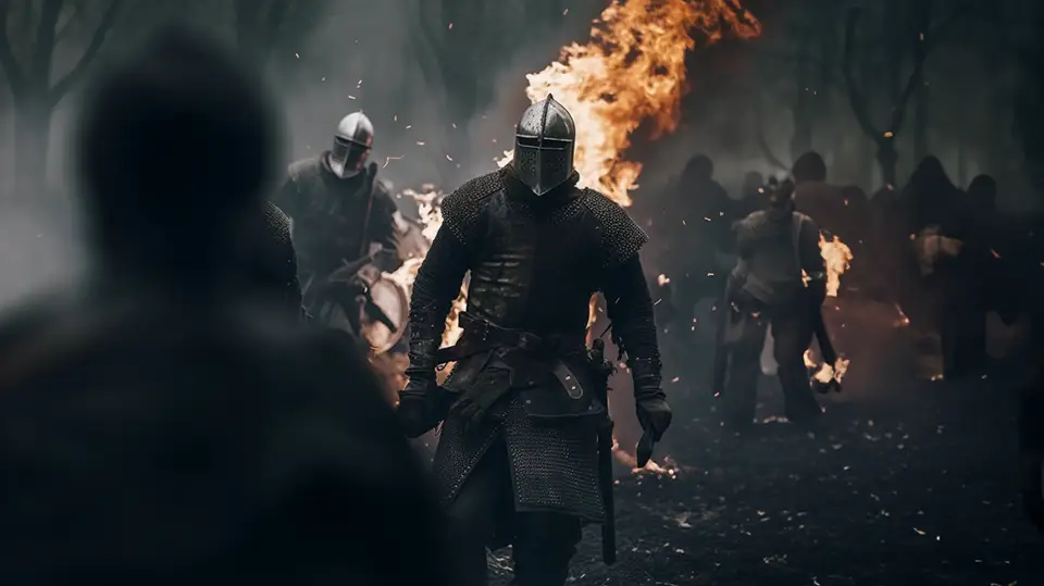 Legenda z Szydłowa. Rycerze walczą z bandytami w lesie AI