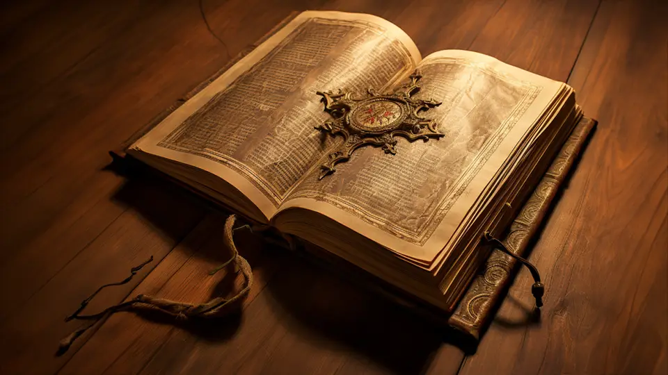 Stara księga leżąca na stole AI
