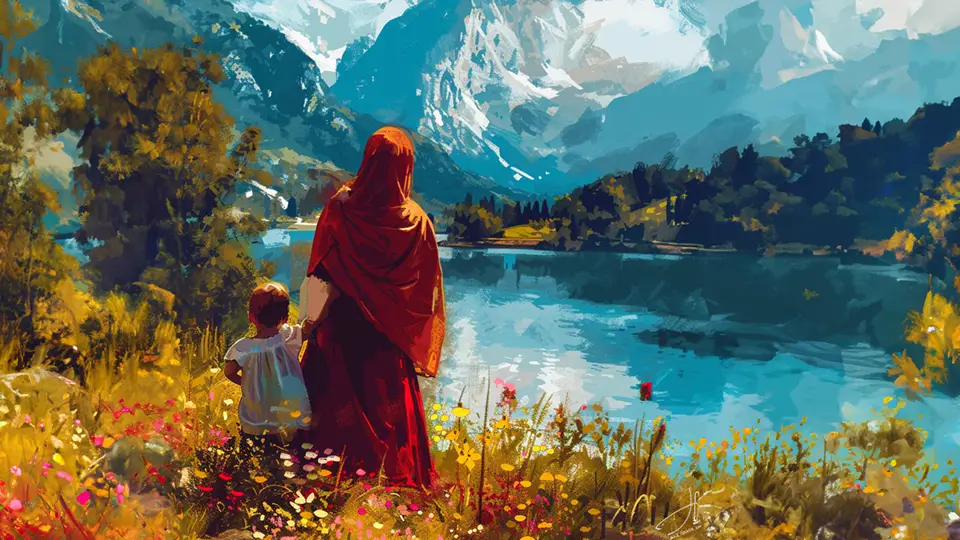 Kobieta z dzieckiem stoi nad jeziorem i patrzy na góry. Dzień matki AI