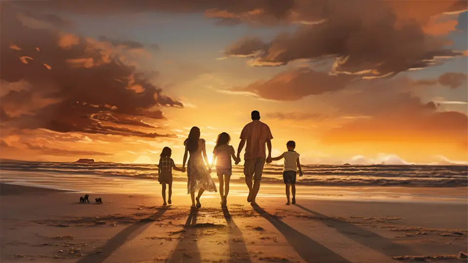Rodzinny spacer po plaży przy zachodzie słońca AI