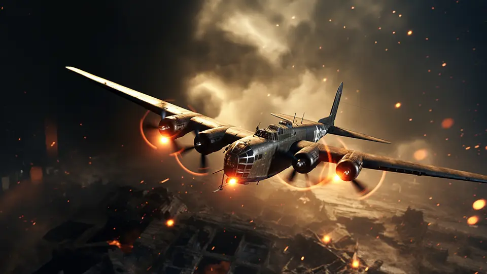 Bombowiec nad miastem w ogniu i dymie. Walka powietrzna II Wojna Światowa