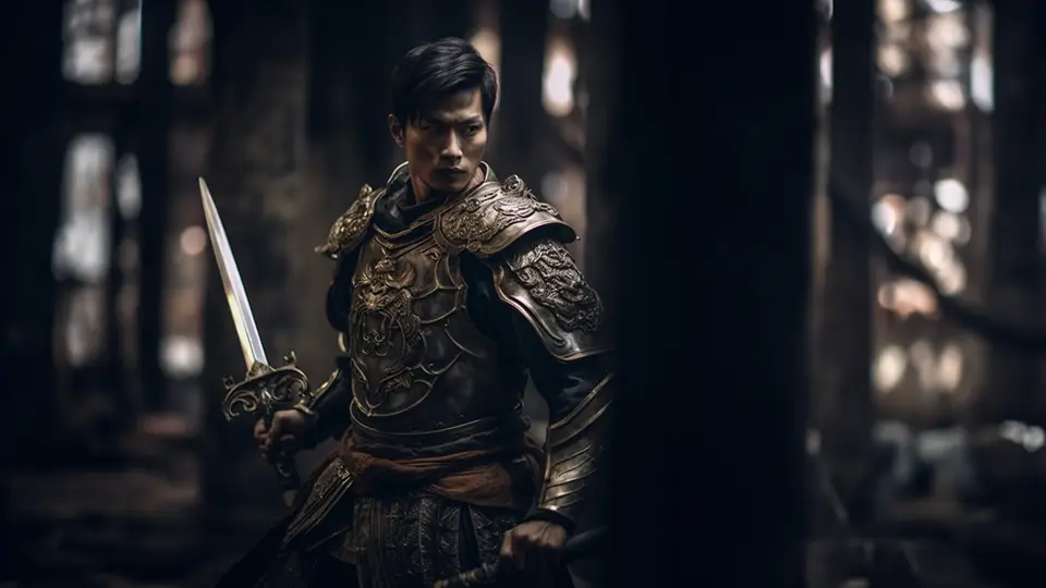 Wojownik, Azjata z mieczem w lesie AI