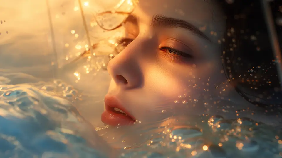 O syrenach z Langkawi  - Syrena, dziewczyna w wodzie, zachód słońca AI