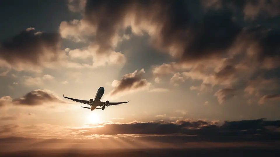 Samolot na niebie podczas zachodu słońca AI