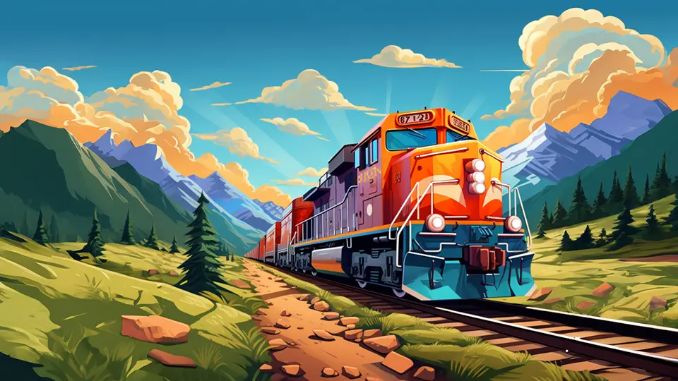 Podróż pociągiem. Lokomotywa i wagony pędzą przez góry AI