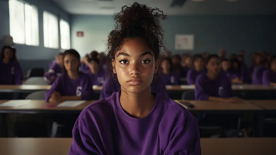 Czarnoskóra dziewczyna w klasie lekcyjnej. Szkoła i uczennice.