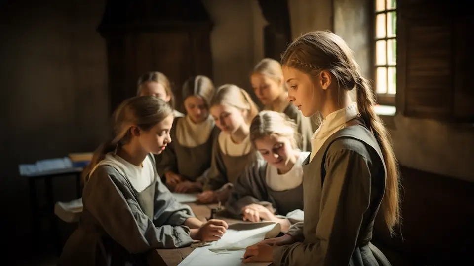 Uczennice w dawnej szkole. Klasa lekcyjna AI