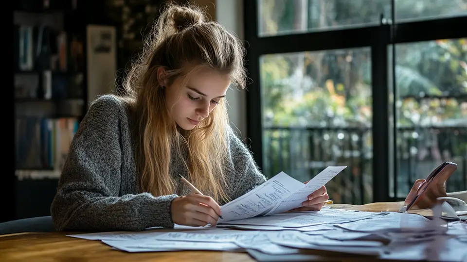 Nauczycielka, młoda dziewczyna poprawia prace domowe w szkolnej klasie lekcyjnej AI