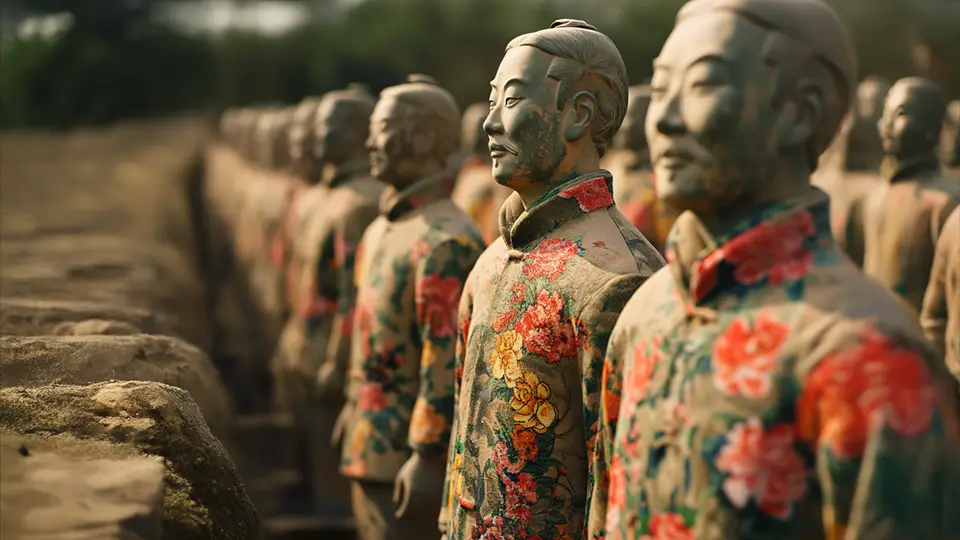 Terakotowa Armia w kolorowych ubraniach AI