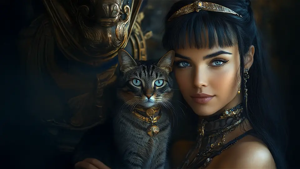 Kleopatra młoda dziewczyna z kotem AI.