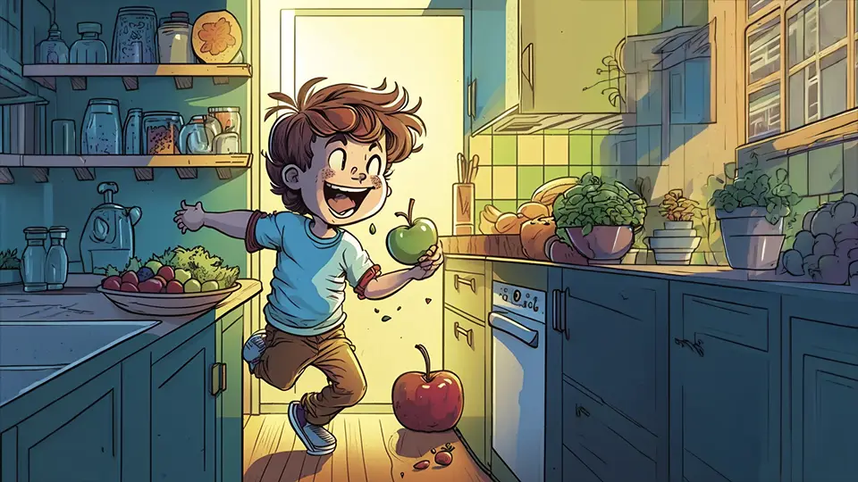 Chłopiec z jabłkiem w kuchni AI.