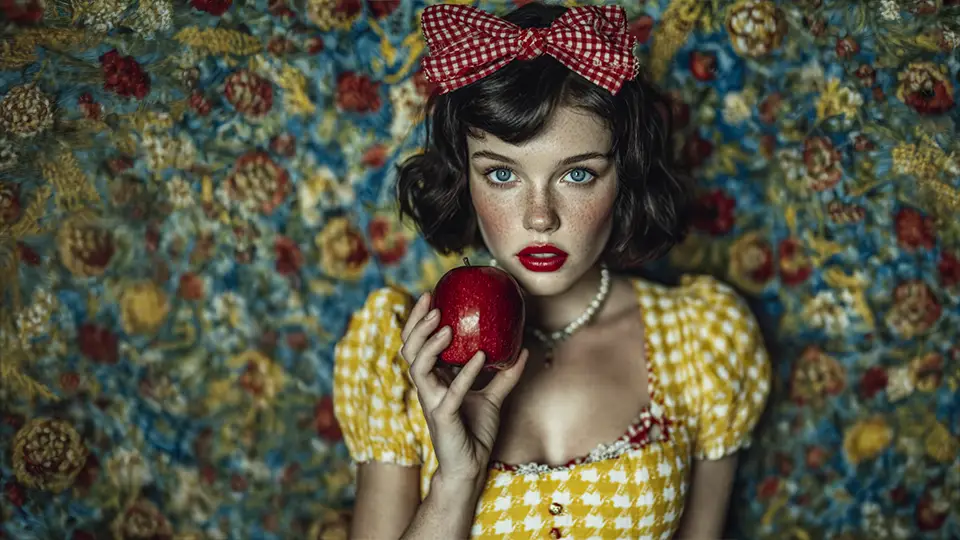 Ciekawostki o jabłkach. Dziewczyna z czerwonym jabłkiem i kokardą AI.