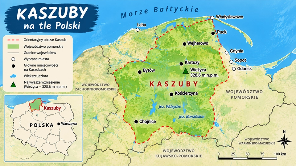Kaszuby, mapa regionu.