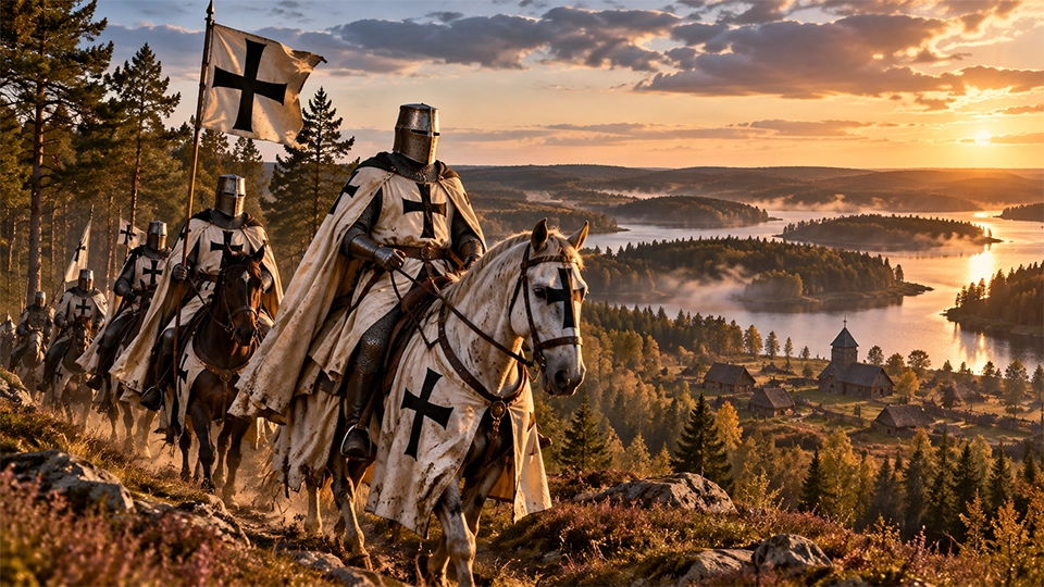 Krzyżacy, rycerze na koniach jadą przez dzikie lasy AI.